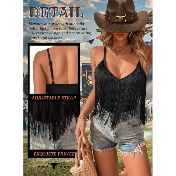 Western Cowgirl Fringe Tank Top Womens Boho Tassel Hem Casual Festival - Picture 3 of 6